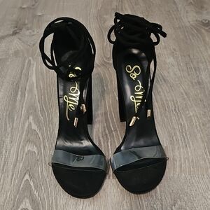 So Me Black Lace-Up High Heel Sandals with Clear Toe Strap